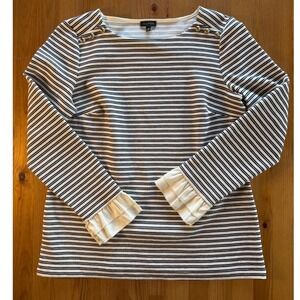 Talbots Black White Striped Metallic Button Shoulder Ruffle Cuff Top Women's M